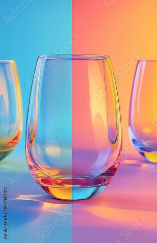 High-Definition Close-Up of Clear Glass with Empty Interior Against Gradient Blue and Pink Background, Unreal Engine Style, Soft Lighting, Vibrant Colors, Minimalist Composition.