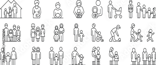 Family and parenting icons set, child care symbols, parent and kid illustrations, love and bonding, minimal line style, vector isolated