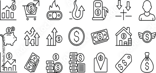 Finance icon set, economic vector symbols, money growth, inflation, investment, dollar signs, market trends, banking, fintech, line art