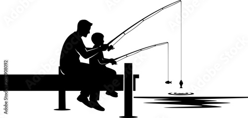 Father and son fishing on a dock a peaceful bonding moment Simple black silhouette illustration against white background
