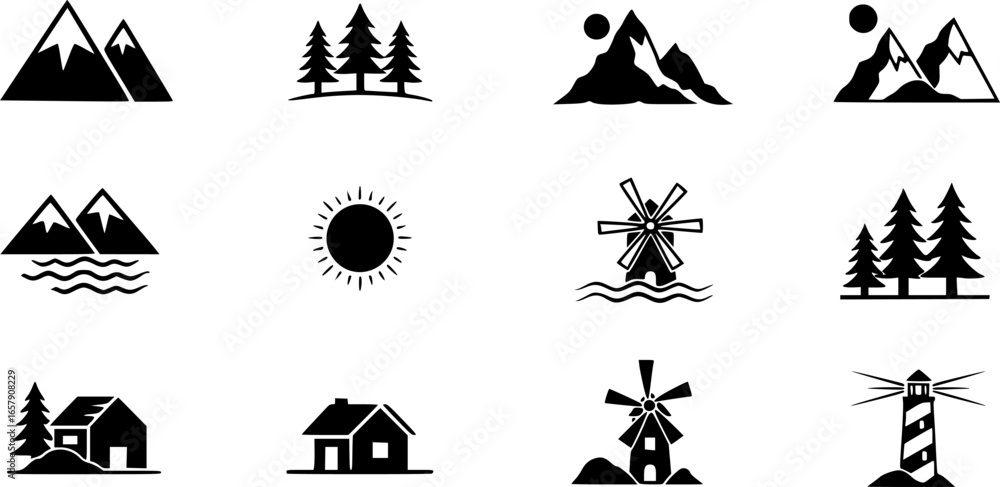 Naklejka premium Nature landscape icons vector set mountains trees sun sea house windmill lighthouse minimal design for web 