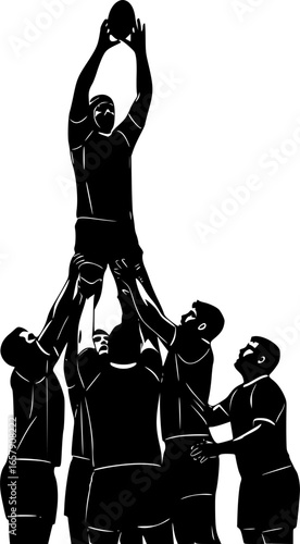 Dramatic rugby lineout players forming a human tower reaching for the ball in intense black silhouettes against a stark
