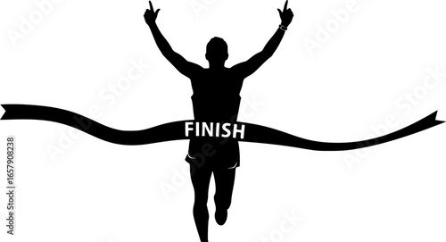 Triumphant runner crossing finish line victorious athlete celebrating amazing race win strong silhouette graphic bold

