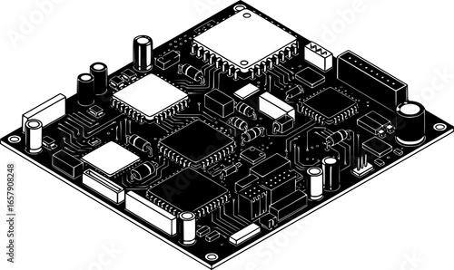 Isometric view of a circuit board with various electronic components and wiring in light blue and white
