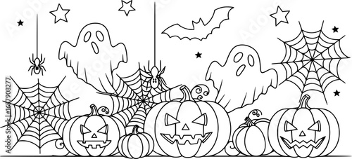 Outlined halloween themed illustration featuring pumpkins, ghosts, spiderwebs, and star shapes design
