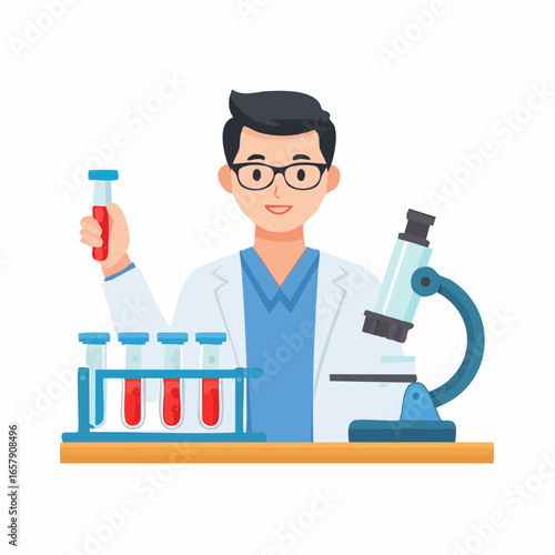  Hospital laboratory icons with blood tests, microscopes, and lab technicians in flat modern vector design.