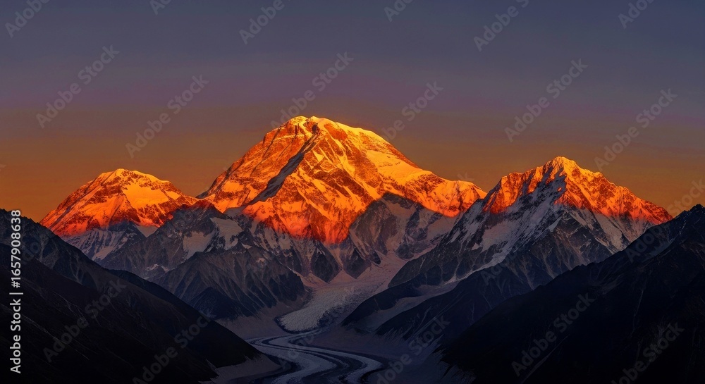 Naklejka premium Makalu at sunset, deep orange and purple hues.
