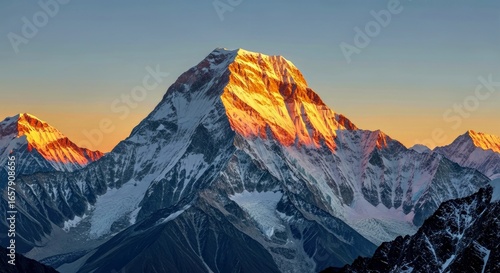 Makalu at sunrise, pyramid summit in golden light.