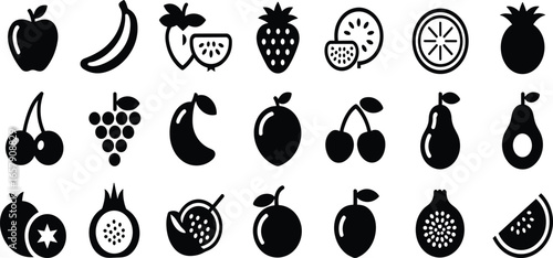 Fruit, Icon, Set, Line, Art, Vector, Tropical, Healthy, Food, Minimal, Outline, Editable, Clipart, Organic, Kitchen, Nutrition, Black, White, Isolated, Collection