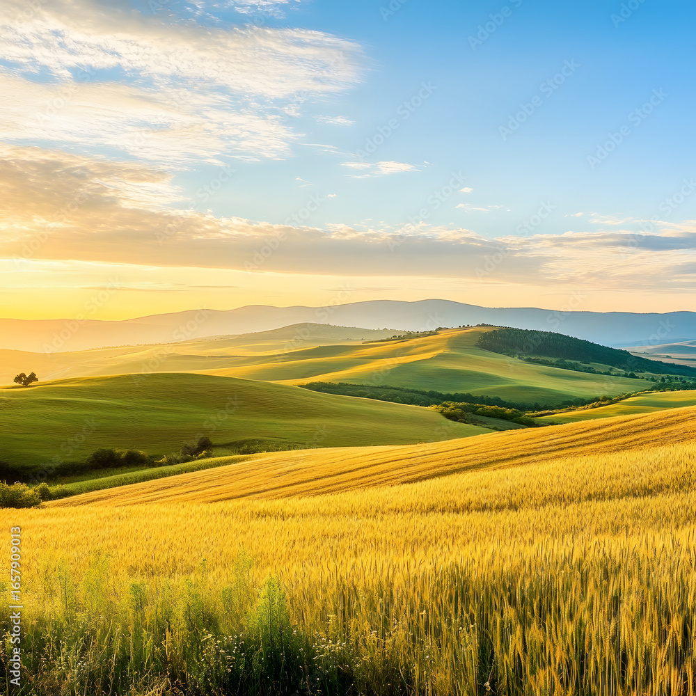 Fototapeta premium Golden wheat field under beautiful sunset sky