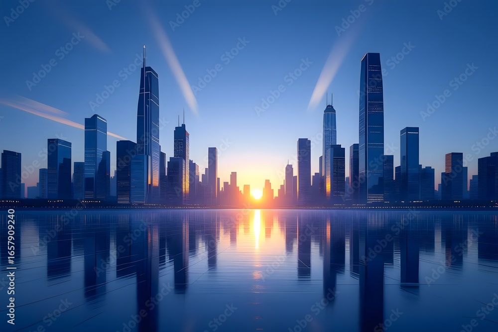Obraz premium Modern City Skyline at Sunrise with Water Reflection
