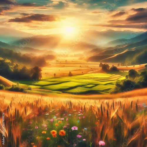 Idyllic landscape with colorful flowers, rolling hills, trees and a warm sunset.