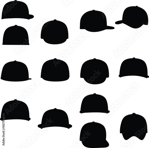 A collection of different black hat silhouettes. Vector illustration set of various headwear designs, including baseball caps and other styles, isolated on a white background.