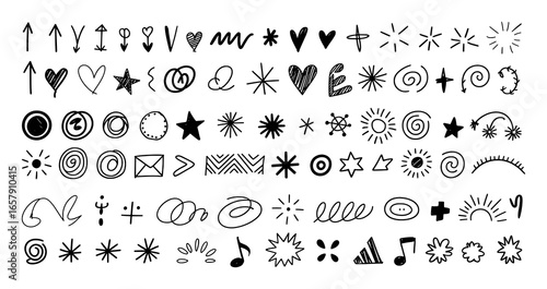 Diverse Hand- Drawn Doodle Elements Including Arrows Hearts Stars and Music Notes hand drawn