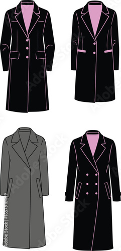 Flat vector illustrations of stylish women's long coats and trench coats in various colors and designs, perfect for fashion lookbooks, clothing catalogs, and apparel design resources.