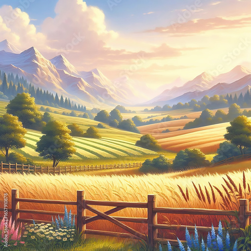 Idyllic landscape with colorful flowers, rolling hills, trees and a warm sunset.