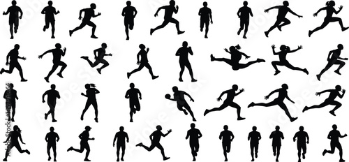 Running silhouettes grid, athletic motion vector, dynamic human poses, sports movement illustration, jump and sprint graphic, black figure set