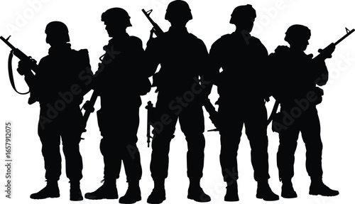 Soldier Silhouette Vector Set, Armed Forces Icons, Military Personnel with Rifles, Combat Gear Graphics, Adobe Stock, SEO Design