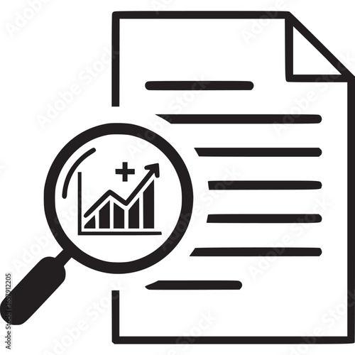 Illustration of a report with magnifying glass isolated on white background, representing data analysis, research, and the examination of statistical trends for business growth