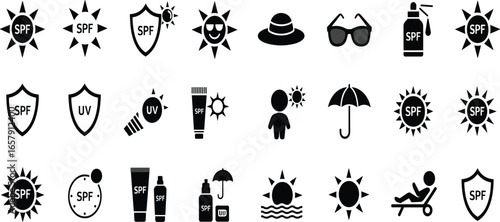 Sun protection icon set, SPF safety vector, sunscreen bottle, UV shield, sunglasses, hat, umbrella, summer skincare symbols