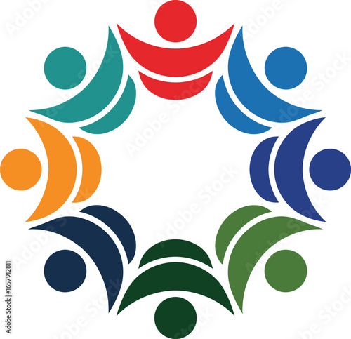Abstract colorful human figures forming a circular community or team