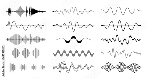 Variety of Black and White Sound Waveforms and Audio Signal Representations music