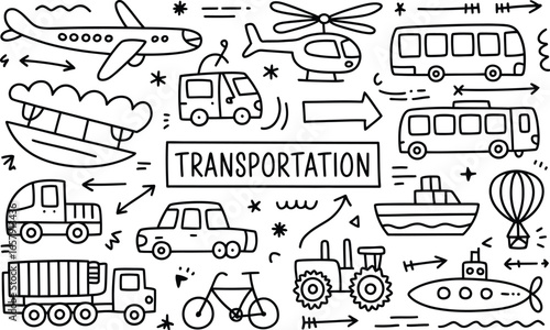 Hand drawn doodles of various transportation vehicles and modes of travel