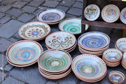 Traditional Romanian Handcrafted Pottery for Sale in Sighisoara Market Stall