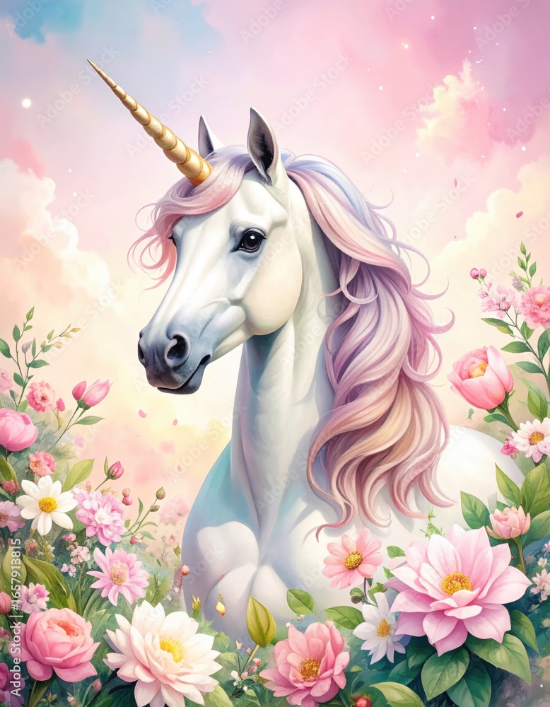 Naklejka premium A beautiful unicorn with a golden horn surrounded by vibrant flowers under a pastel sky, exuding a whimsical and enchanting atmosphere.