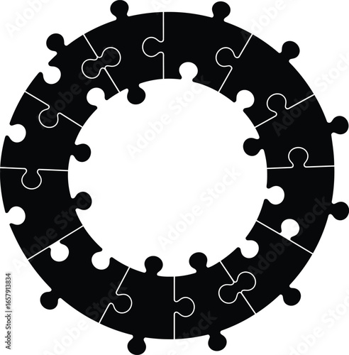 Vector image of a circular puzzle with all pieces connected. The illustration depicts a business concept of teamwork and collaboration. A beautiful and detailed vector graphic of a black puzzle.