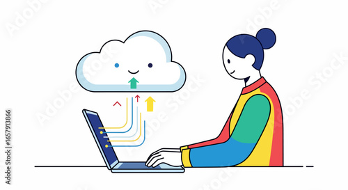 Cloud Computing Data Transfer: Person Uploading Files to Cloud Server from Laptop