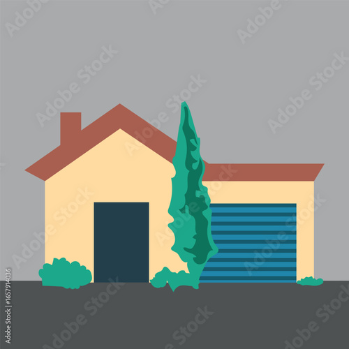 Suburban House with Garage and Landscaping, an Illustration of Homeownership and the American Dream in Graphic Style
