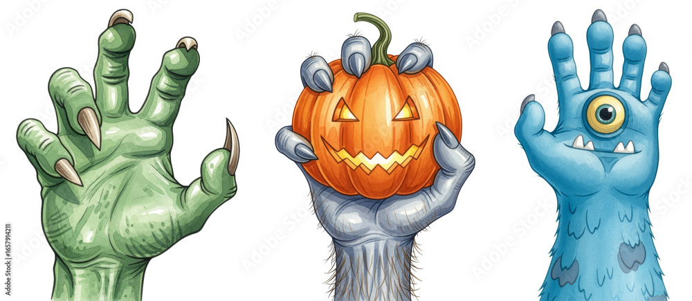 Naklejka premium a watercolor illustration bundle of monster hands with a pumpkin
