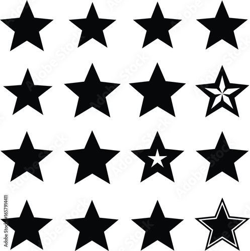 Vector illustration of a diverse collection of black star silhouettes, including filled, outlined, and stylized designs, ideal for rating systems, achievement badges, and decorative graphic elements.