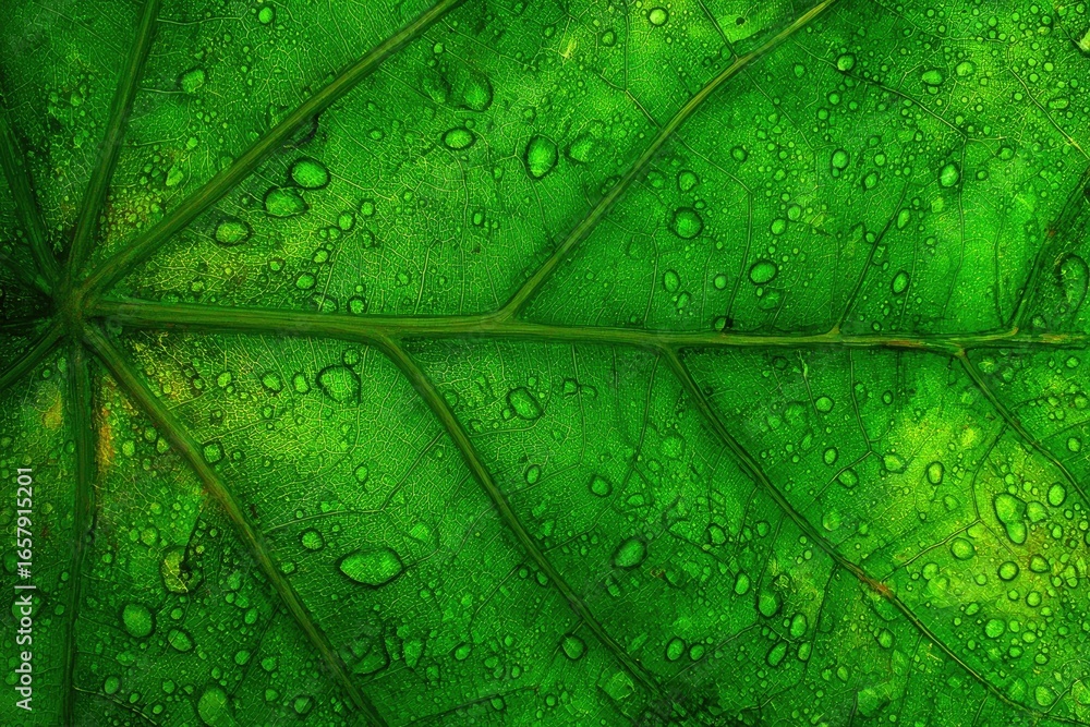 Fototapeta premium Close-up of a vibrant green leaf, covered in water droplets (1)