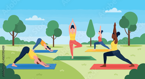 Outdoor Yoga Session with Diverse Women in Park for Health and Wellness