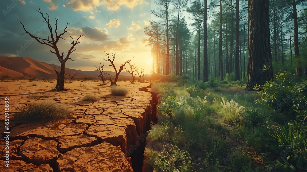 Fototapeta premium Climate change impact showing desertification and forest loss in environmental landscape image