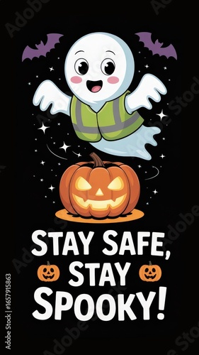 Cute cartoon ghost spreads joy with safety message during Halloween festivities. Halloween Safety Month
