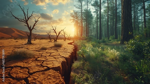 Climate change impact showing desertification and forest loss in environmental landscape image