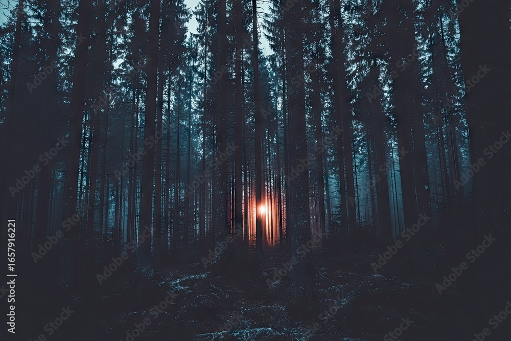 Fototapeta premium Sunlit clearing in a dark forest