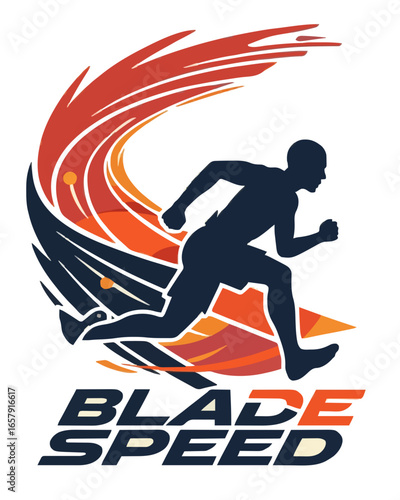Runner in motion, running on curved swoosh background, Blade Speed-