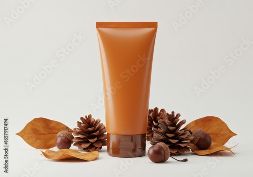 Photorealistic skincare cosmetic tube mockup with autumn theme, minimal design packaging on white background decorated with falling orange leaves and seasonal autumn elements, clean 4K high resolution