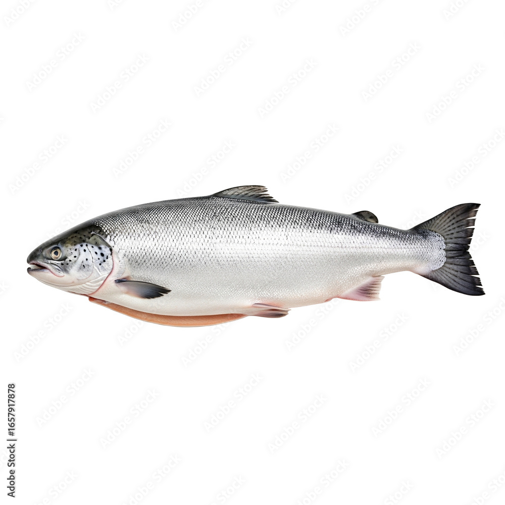 Obraz premium Fresh whole salmon with silver skin scales visible, isolated on pure white background, studio lighting