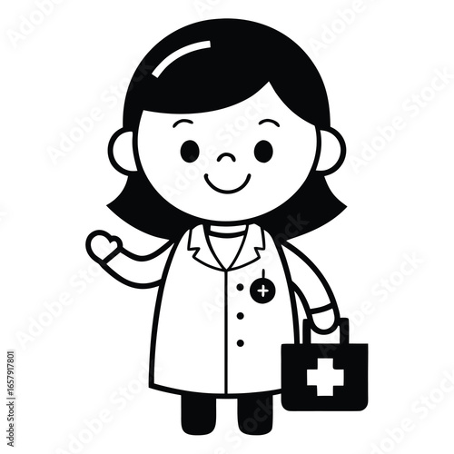Coloring page outline of a cartoon doctor with a first aid kit, featuring a friendly medical scene, perfect for kids, creative drawing, educational activities, and health.