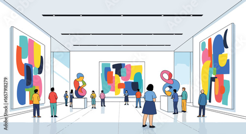Modern Art Gallery Exhibition with Visitors Viewing Abstract Paintings and Sculptures
