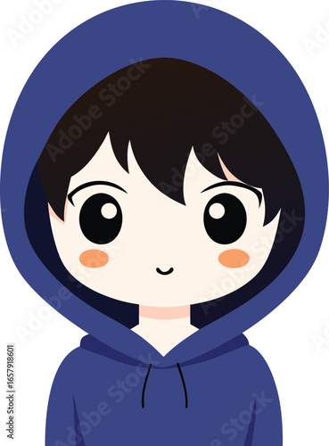 Cute anime boy with messy hair holding a cup of ramen, Cute chibi anime boy wearing an oversized hoodie with a shy face, 