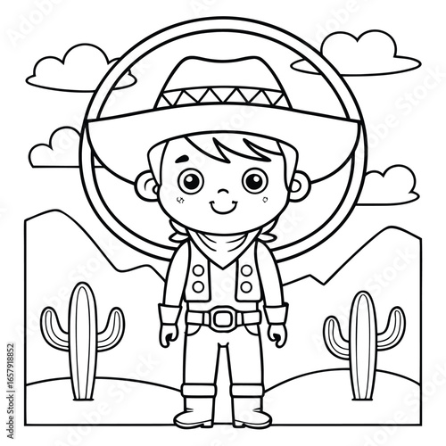Coloring page outline of a cartoon cowboy with a lasso, featuring a fun wild west scene, perfect for kids, creative drawing, educational activities, playful adventures, and cowboy-themed