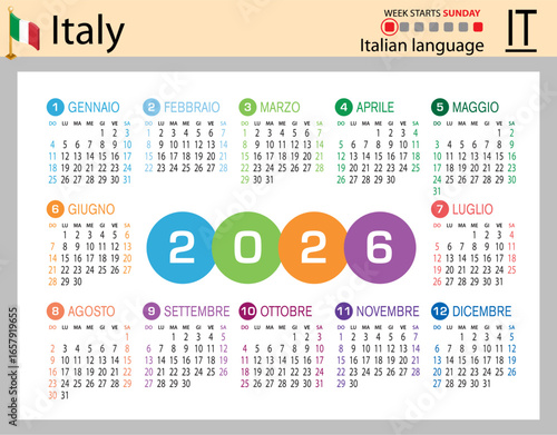 Italian horizontal Pocket calendars for 2026. Week starts Sunday