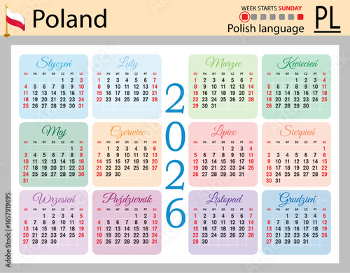 Polish horizontal Pocket calendars for 2026. Week starts Sunday
