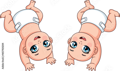 Cad drawing flat vector illustration, cute baby cartoon, diaper baby clipart, playful infant, happy baby pose, baby isolated design.